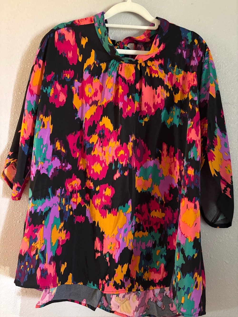 SHEIN Vibrant Abstract Multicolor Flowy Floral Blouse w/ Tie in the Back 1XL